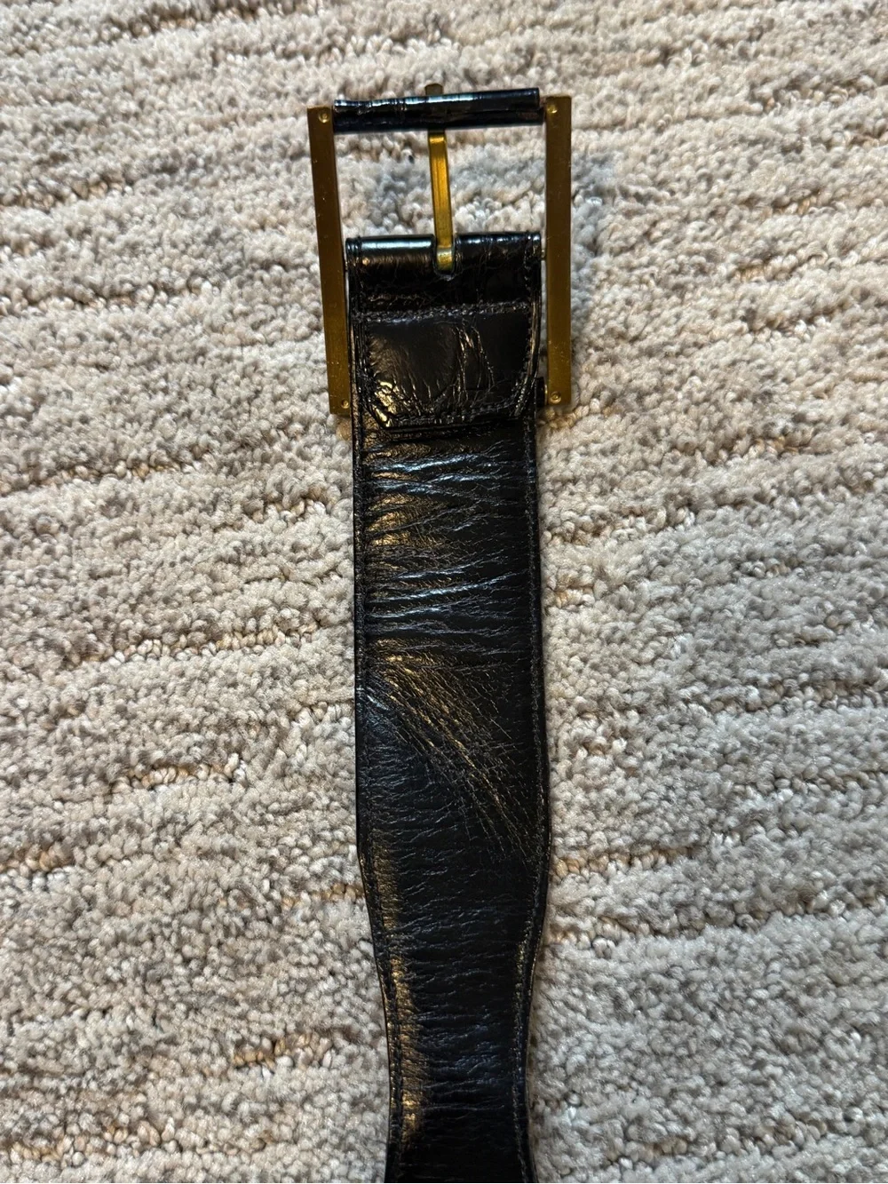 Vintage Black Embossed Leather Alligator Belt with Brass Buckle XS